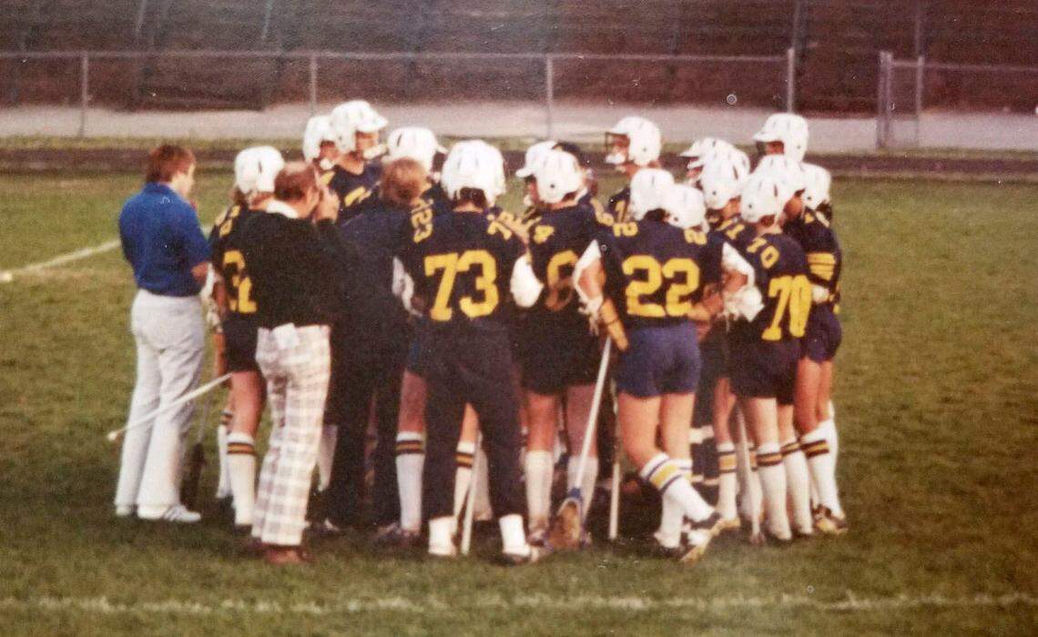 Bill Belichick, left, seen during a Birmingham Detroit Country Day lacrosse practice in the 1970s.