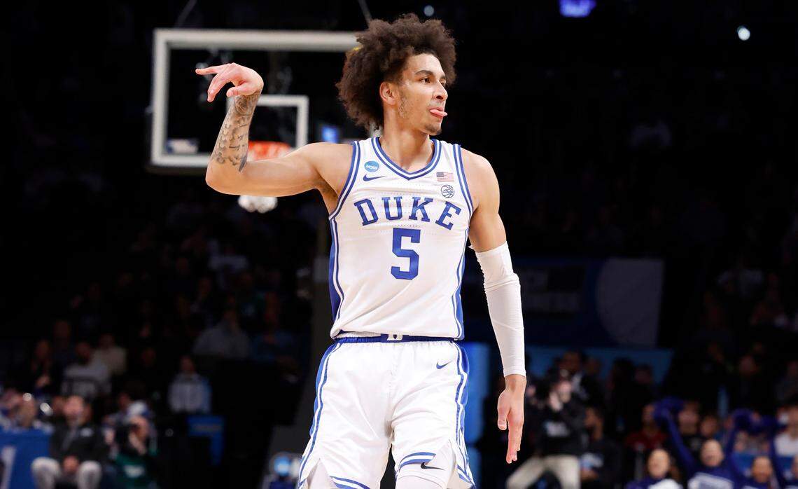 Duke’s Tyrese Proctor (5) celebrates after hitting a three-pointer during the first half of Duke’s game against JMU in the second round of the NCAA Tournament at the Barclays Center in Brooklyn, N.Y., Sunday, March 24, 2024.