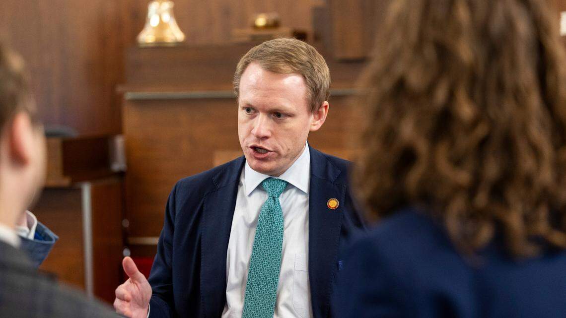 House Speaker Destin Hall talks with reporters on the House floor following the passage a Helene relief bill, on Tuesday, Feb. 25, 2025 at the North Carolina General Assembly.