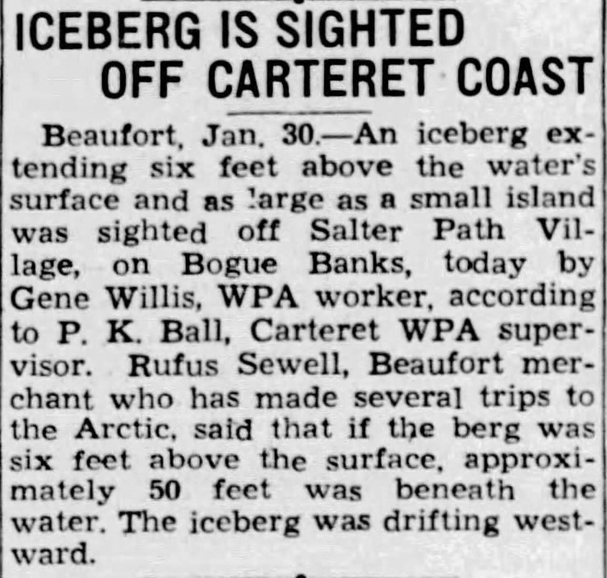 A clipping from a 1940 edition of The News & Observer details the rare meteorological event off the North Carolina coast.