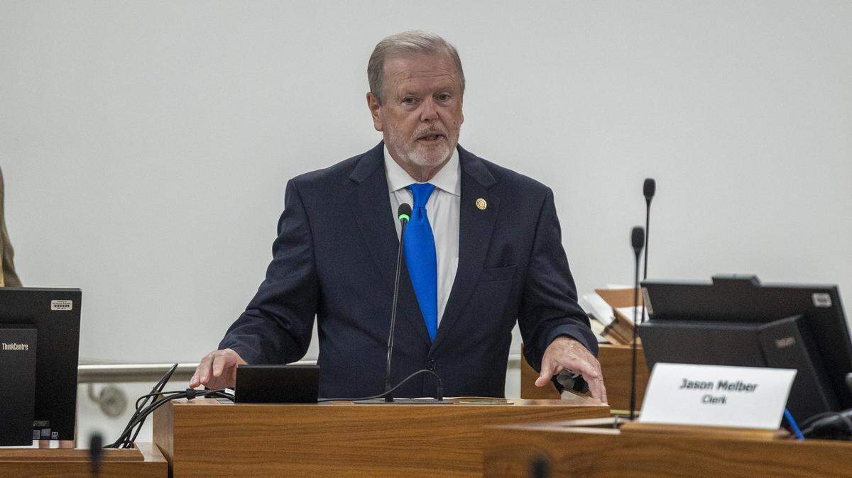 Senate leader Phil Berger presents a bill proposing 6.5% raises for law enforcement officers, bonuses, and increased pensions for public safety workers and the National Guard during a Senate Appropriations Committee meeting at the Legislative Office Building in Raleigh on Tuesday, Sept. 22, 2026.