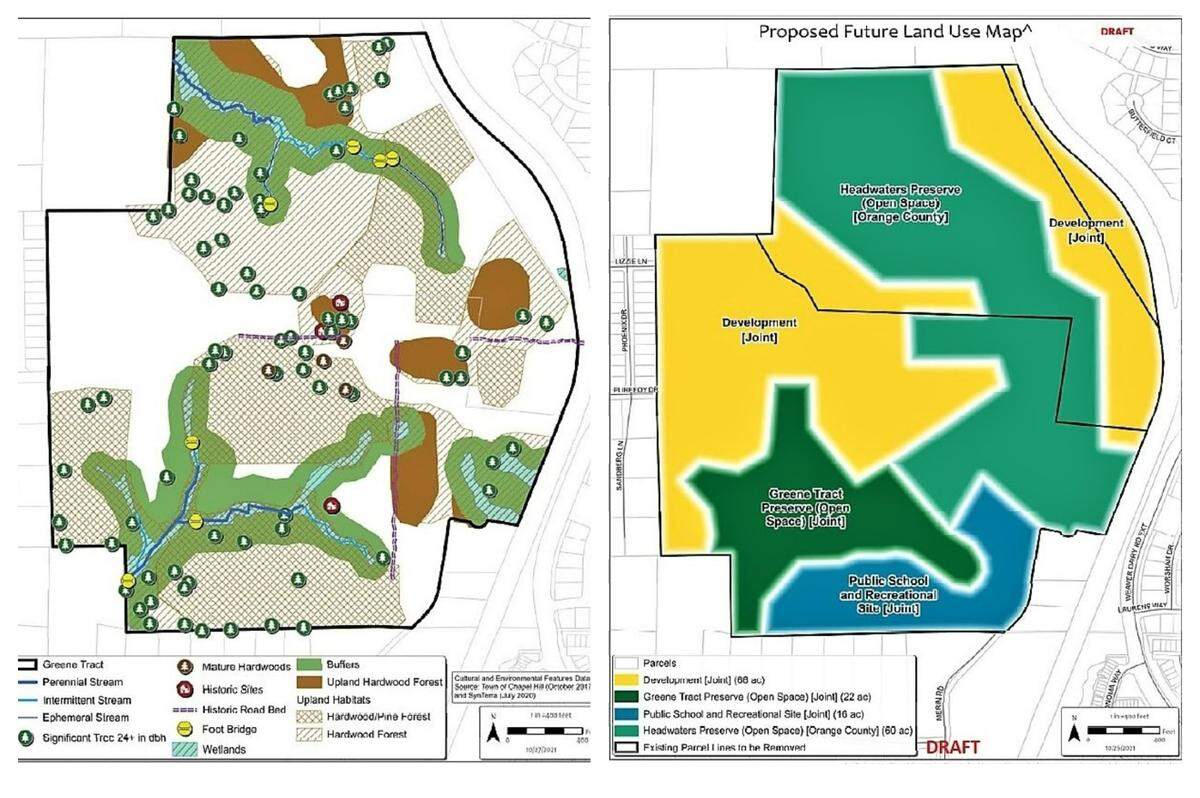 An environmental map (left) shows areas of mixed and hardwood forest, as well as creeks and wetlands, in the 164-acre Greene Tract. The results were used to create a draft land use map (right) that includes development areas, preservation areas and a school site.
