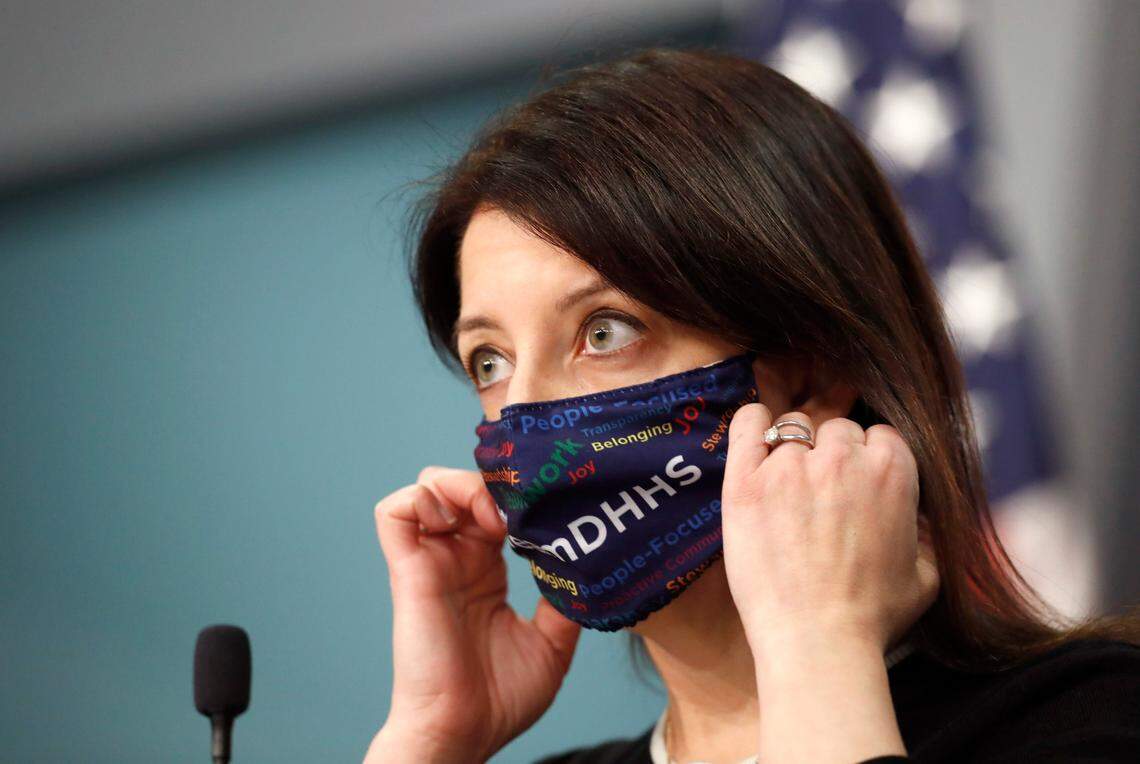 Dr. Mandy Cohen, secretary of the N.C. Department of Health and Human Services, prepares to speak during a briefing at the Emergency Operations Center in Raleigh, N.C., Wednesday, February 10, 2021.