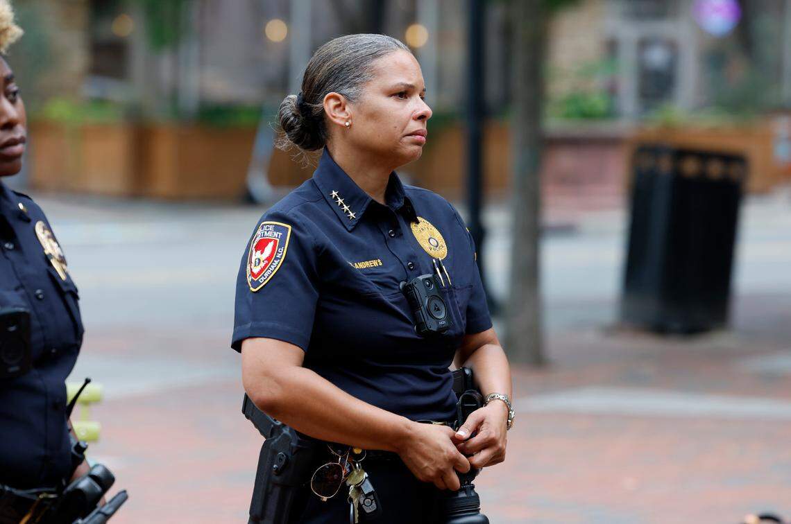 Durham Police Chief Patrice Andrews listens during a prayer vigil at CCB Plaza in Durham, N.C., Thursday, July 6, 2023.