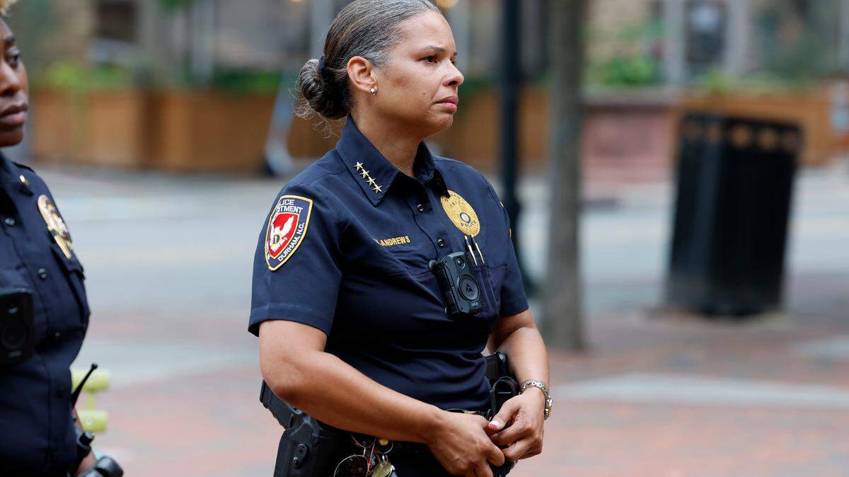 Durham Police Chief Patrice Andrews listens during a prayer vigil at CCB Plaza in Durham, N.C., Thursday, July 6, 2023.