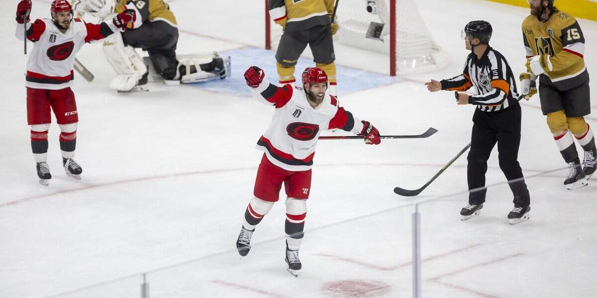 Carolina Hurricanes left wing Taylor Hall (71) celebrates after a goal by Carolina Hurricanes right wing Jackson Blake (53) to take a 2-0 lead in the second period during Game 6 of the Stanley Cup Final, on Sunday, June 14, 2026 at T-Mobile Arena in Las Vegas, NV.