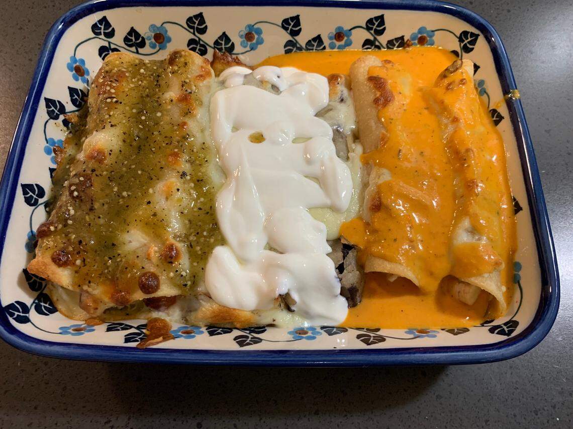 Centro in Raleigh offers “Take & Bake” meal kits with fresh ingredients, each in its own tub, plus clear and easy instructions for preparation. This is the Enchilada Platter with 12 pre-rolled enchiladas with three sauces.