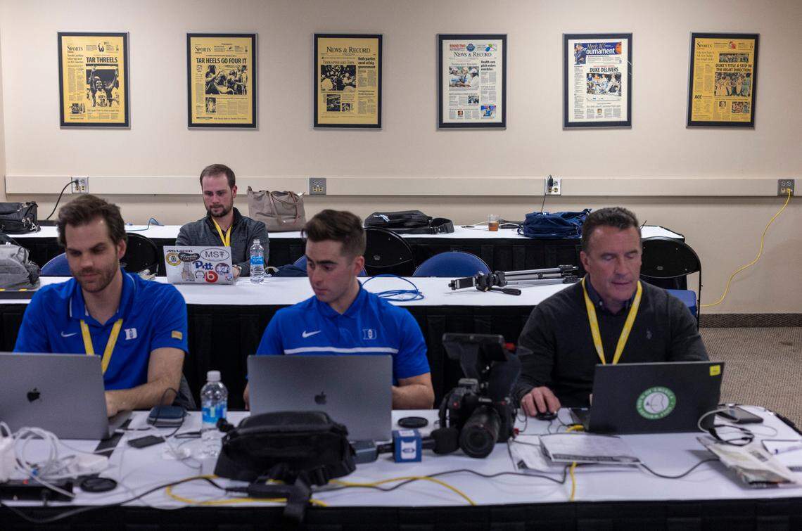 Framed pages of the Greensboro News & Record from their coverage of the ACC Tournament line the wall of the press room at the Greensboro Coliseum on Thursday, March 9, 2023 at the Greensboro Coliseum in Greensboro, N.C.