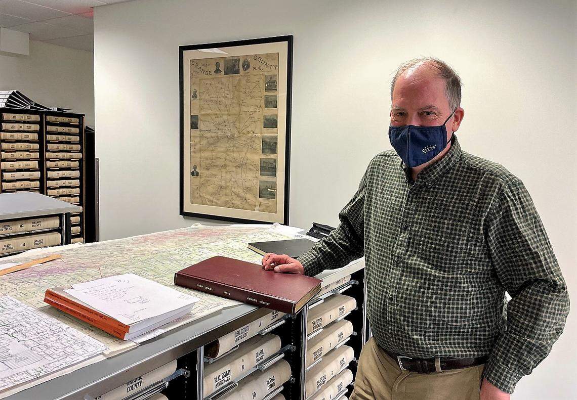 Orange County Register of Deeds Mark Chilton, pictured here in Hillsborough, N.C. on Feb. 15, 2022, is indexing tens of thousands of hand-written records in hopes that his research will help local families learn more about their history.