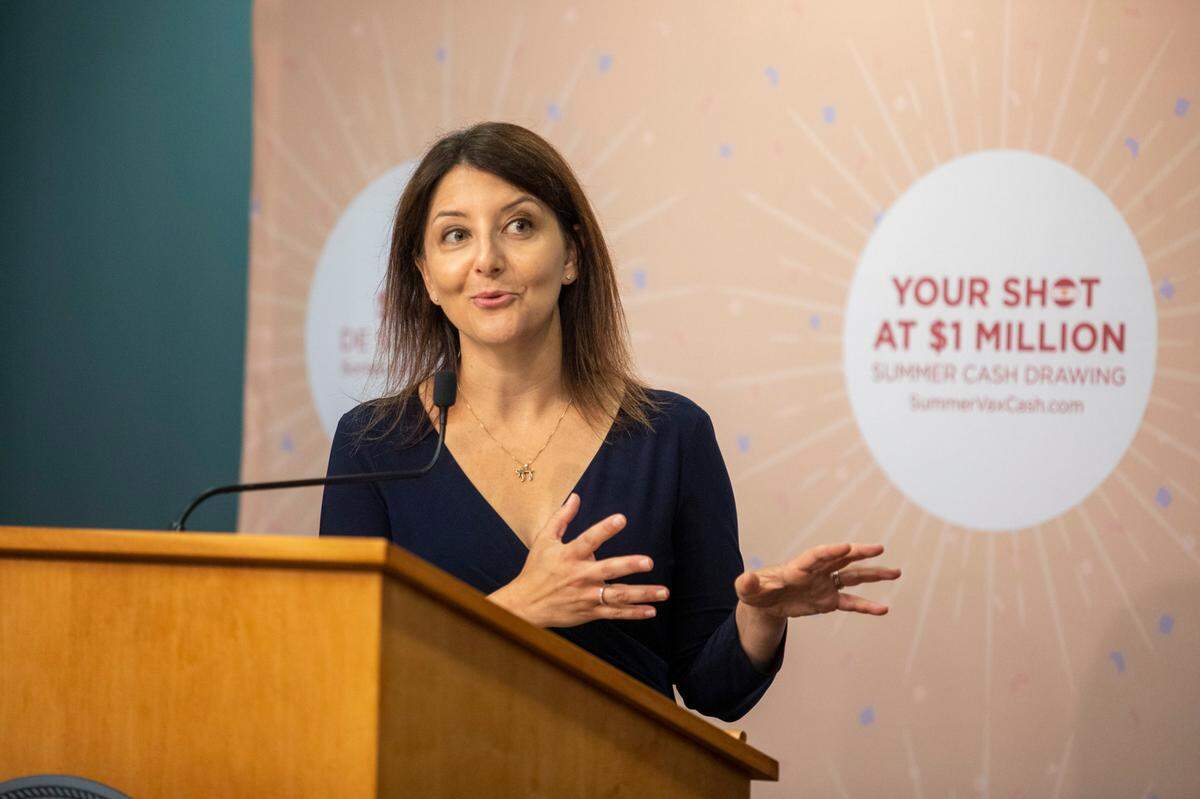 Dr. Mandy Cohen, then-Secretary of the NC Department Health and Human Services, speaks at one of her regular COVID-19 press briefings June 28, 2021 at the NC Emergency Operations Center in Raleigh.