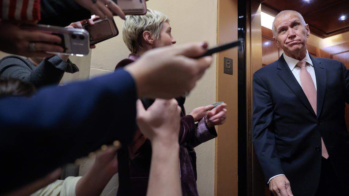 Sen. Thom Tillis talks with reporters earlier this year.