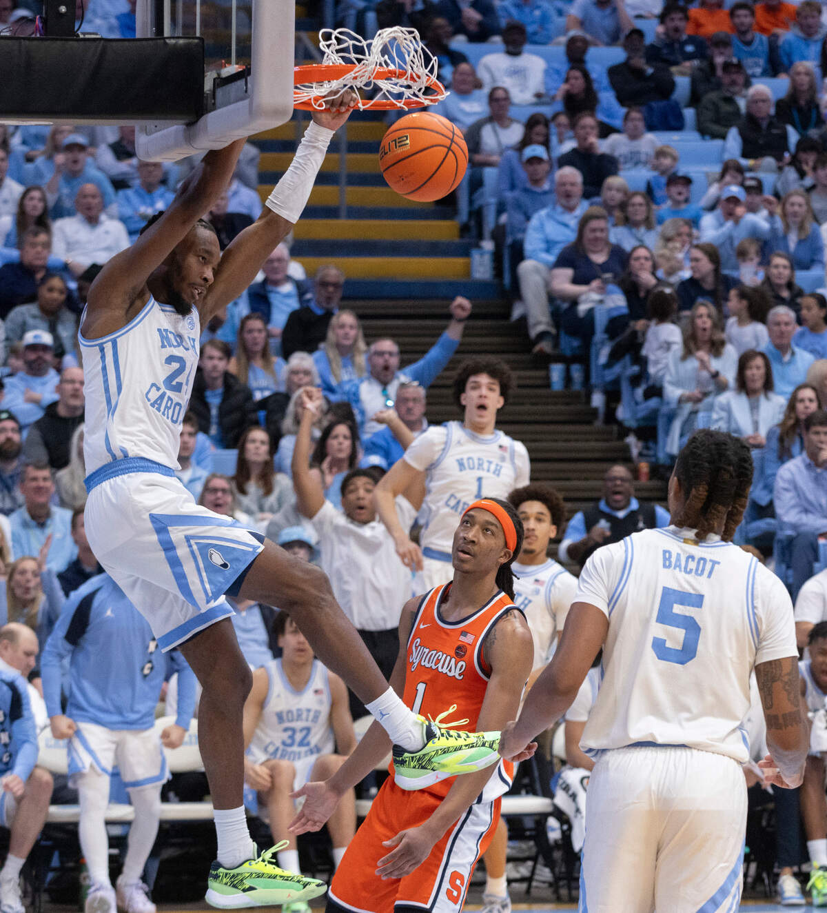 North Carolina’s Jae’Lyn Withers (24) gets a dunk for two of his 10 points in the second half against Syracuse on Saturday, January 13, 204 at the Smith Center in Chapel Hill, N.C.