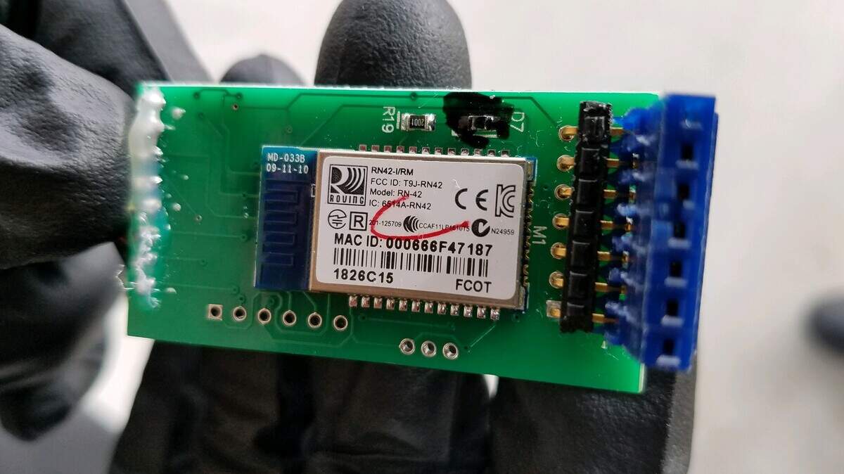 A skimmer device that criminals install inside a gas pump to illegally collect customers’ debit card information.