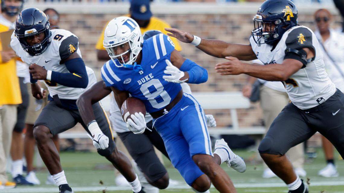 Duke wide receiver Jordan Moore runs the ball past the Aggie defense during the first half of Dukes game against North Carolina A&T at Wallace Wade Stadium in Durham, N.C. on Saturday, Sept. 17, 2022.