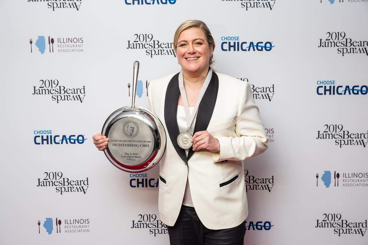 Chef Ashley Christensen, who owns Poole’s Diner and other Raleigh, NC, restaurants, wins the James Beard Foundation Award for Outstanding Chef in the United States in Chicago, May 6, 2019.
