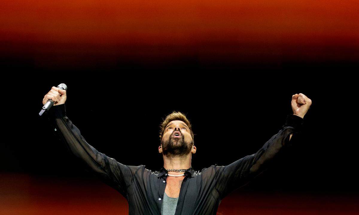 Ricky Martin on stage on “The Trilogy Tour” at Raleigh, N.C.’s PNC Arena, Thursday night, Feb. 29, 2024.