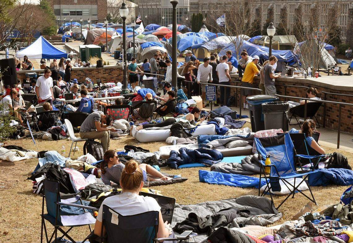 Duke students wait in line outside Cameron Indoor Stadium on the campus of Duke University in Durham, N.C., Tuesday, Feb. 7, 2017 waiting on the rivalry game with UNC this coming Thursday night. The tents of “Krzyzewskiville” as several hundred students wait to see if spots open up after the tenters get inside. Students in line usually spend several nights outside in sleeping bags and blankets to get into the UNC game.