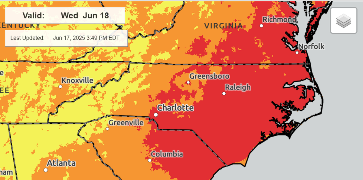 Heat-sensitive people living in central and Eastern North Carolina will be at “major” risk of heat-related impacts Wednesday and Thursday, June 17-18, 2025, NOAA forecasters say. Temperatures across the region are expected to be in the low to mid-90s.