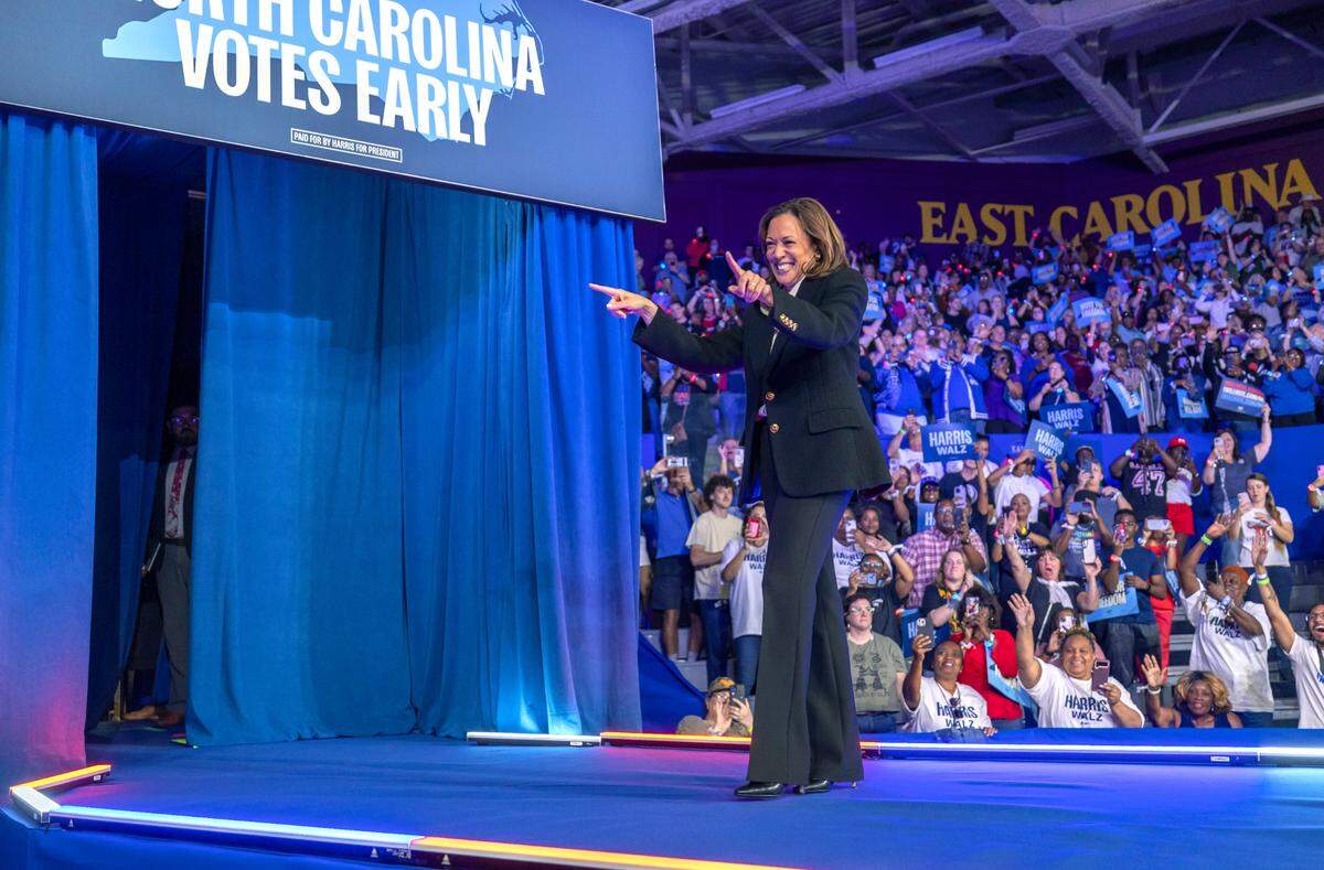 Vice President Kamala Harris, the Democratic Presidential nominee acknowledges her supporters as he departs a rally on Sunday, October 13, 2024 at Minges Coliseum in Greenville, N.C.