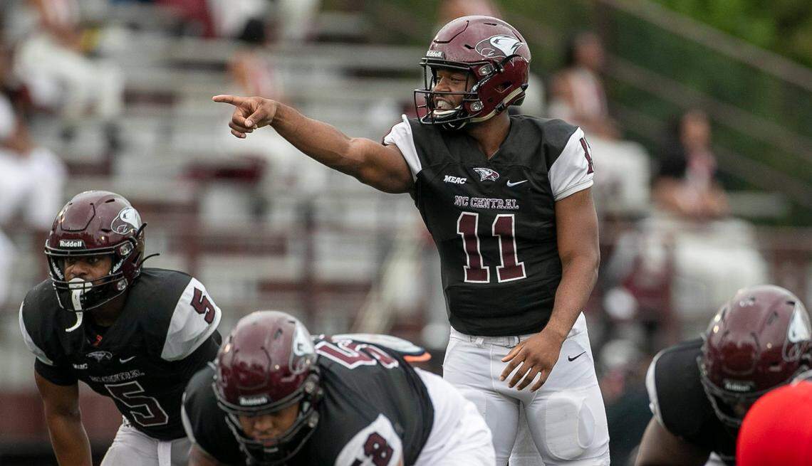 North Carolina Central quarterback Davius Richard (11) directs the offensive unit against Winston-Salem State on Saturday, September 10, 2022 at O’Kelly-Riddick Stadium in Durham, N.C.