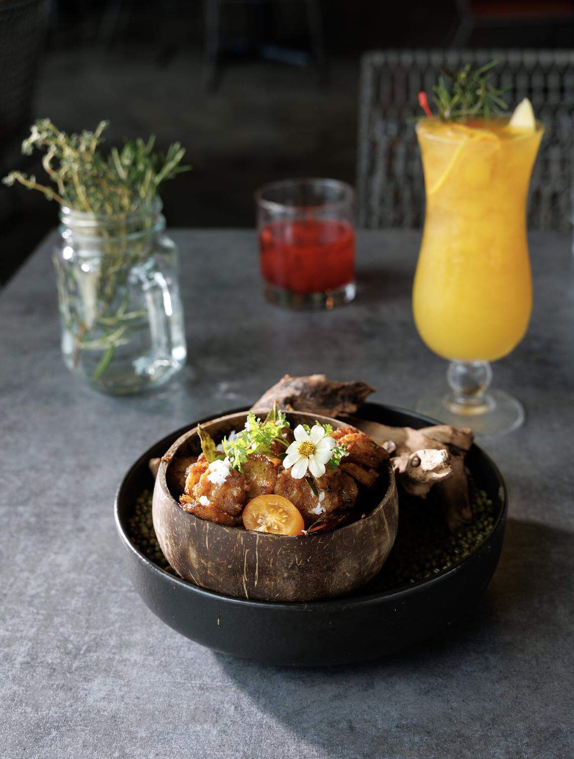 Chestnut Pepper Fry and a Chaand Shower cocktail are pictured at Barsa on Thursday, Sept. 25, 2025, in Durham, N.C.