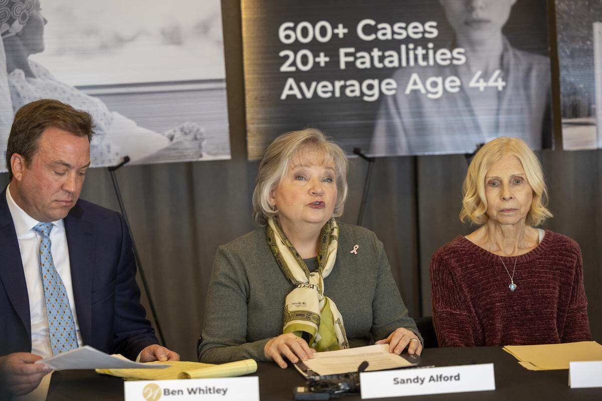 Cancer survivor Sandy Alford speaks during a news conference announcing newly filed complaints against North Carolina State University related to alleged toxic PCB exposure at Poe Hall on Thursday, Jan. 29, 2026, in Raleigh.