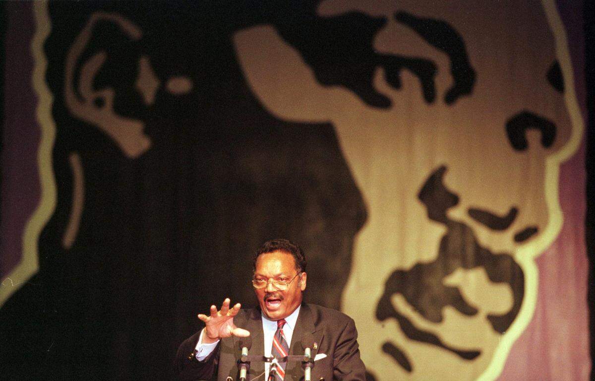 Rev. Jesse Jackson, Sr. gestures as he gives a speech to a crowd of about 4,000 people at the Cook Convention Center in Memphis, TN after they marched to honor the late civil rights leader Dr. Martin Luther King who was assassinated in Memphis. King was killed by a sniper's bullet in 1968 as he emerged from his hotel room.  