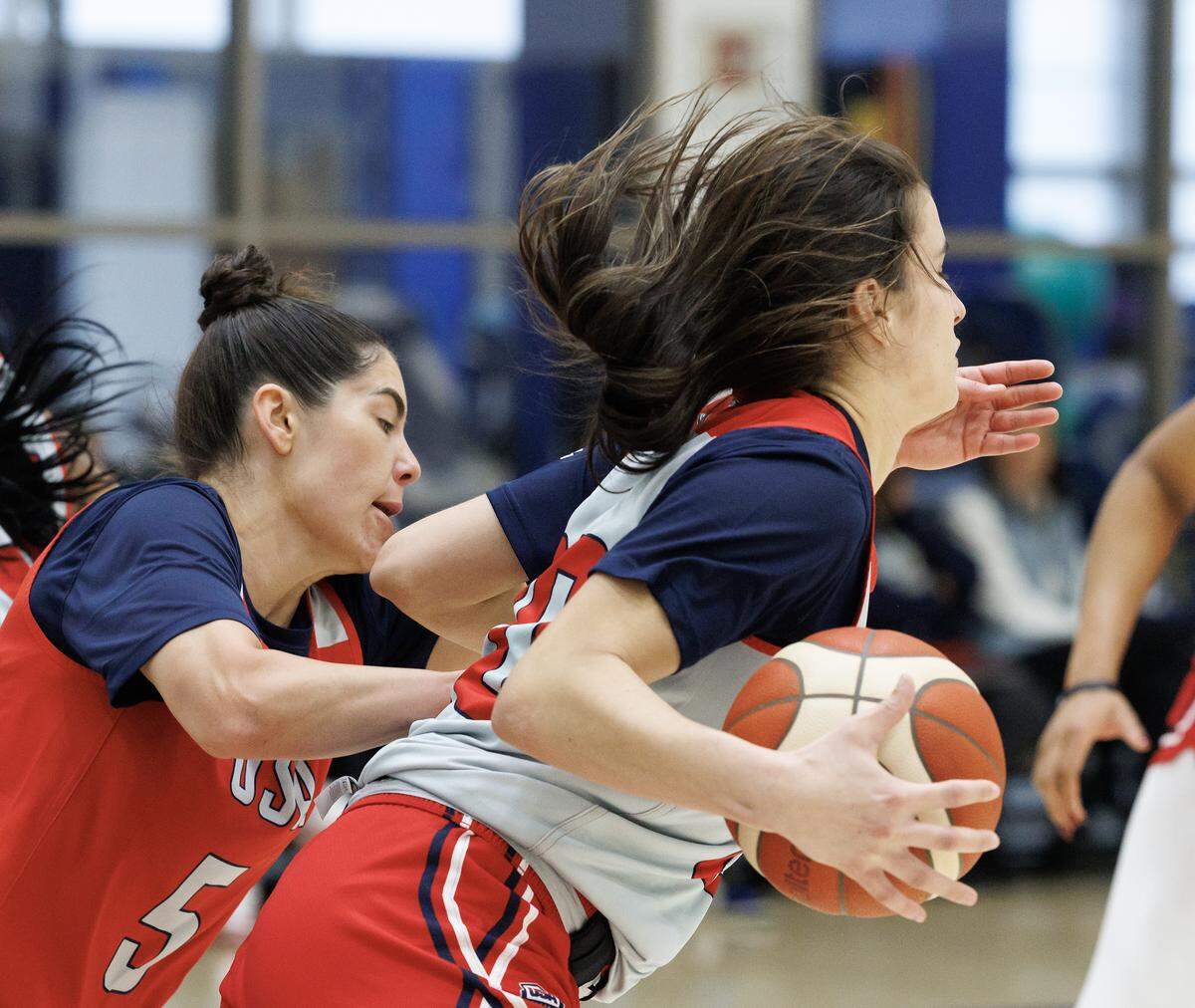Kelsey Plum defends Sonia Citron during USA Basketball Women’s National Team training camp on Friday, Dec. 12, 2025, in Durham, N.C.