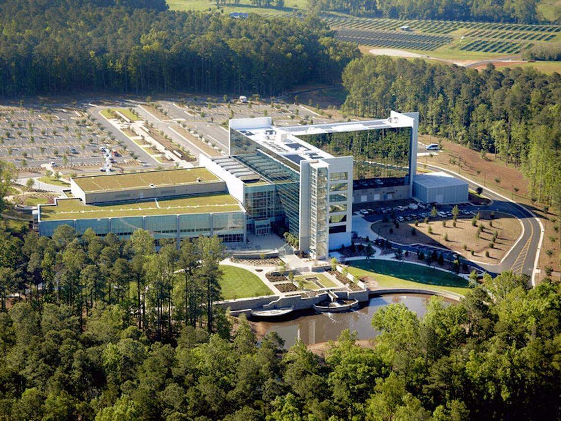 An aerial view of the SAS headquarters building on the company’s Cary, N.C. campus.