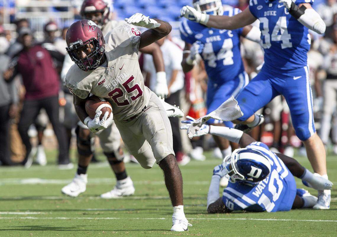 North Carolina Central’s Isaiah Totten carries the ball during the first half of an NCAA college football game Durham, N.C., Saturday, Sep. 22, 2018. Duke defeated North Carolina Central 55-13.