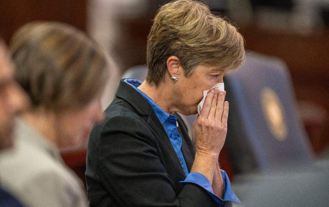 Senator Julie Mayfield of Buncombe County becomes emotional after asking for more financial assistance and a moratorium on evictions for Western North Carolina in the wake of Hurricane Helene, during debate on SB 743 on Thursday, October 24, 2024 at the General Assembly in Raleigh, N.C.