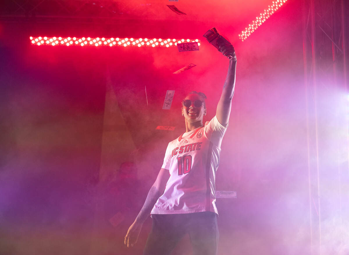 N.C. State’s Aziaha James takes the court during the “Primetime with the Pack” preseason event on Thursday, Oct. 26, 2023, at Reynolds Coliseum in Raleigh, N.C.