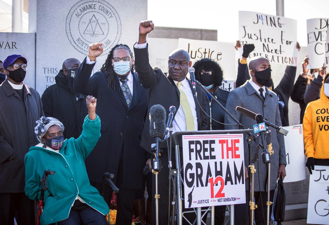 Attorney Ben Crump, who represents the families of Breonna Taylor and George Floyd and has now joined Rev. Greg Drumwright’s legal team, concludes a news conference outside the J.B. Allen Jr. Criminal Courthouse in Graham, N.C. on Wednesday, December 2, 2020.