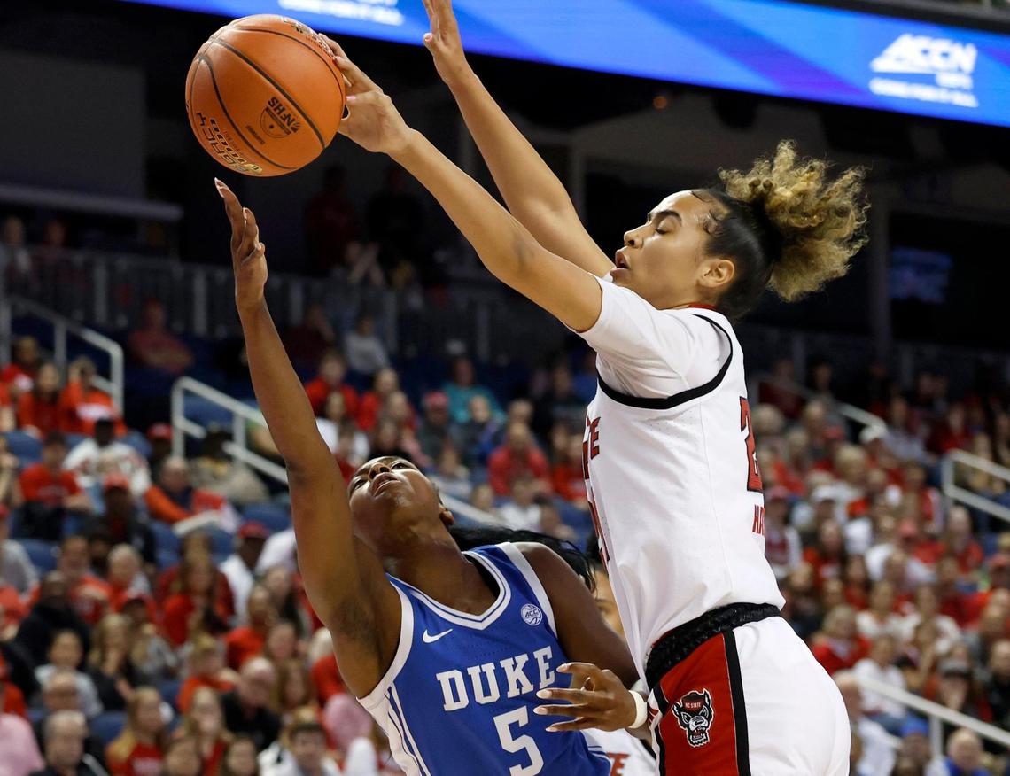 N.C. State’s Madison Hayes blocks a shot by Duke’s Oluchi Okananwa during the first half of the ACC Tournament final on Sunday, March 9, 2025, at First Horizon Coliseum in Greensboro, N.C.