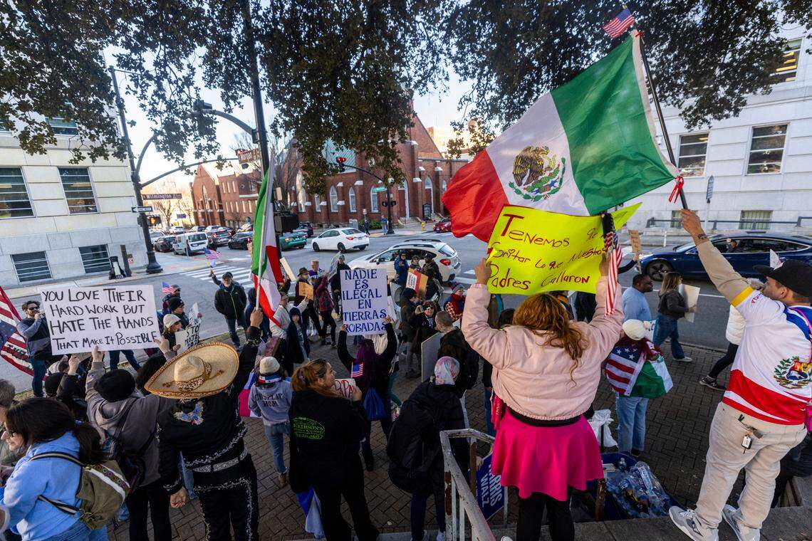 Hundreds of demonstrators march around the perimeter at the North Carolina State Capitol on Monday, Feb. 17, 2025 during a rally billed as a “We The People Protest” organized by Fifty Fifty One.