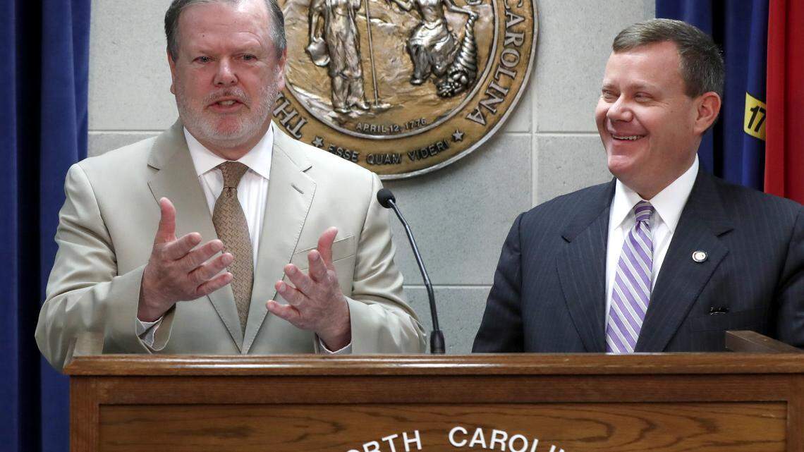 N.C. Senate President Pro Tem Phil Berger, left, and N.C. House Speaker Tim Moore talk during a news conference at the Legislative Building in Raleigh, N.C., Thursday, May 17, 2018. They talked about  proposed changes to economic-development incentives.