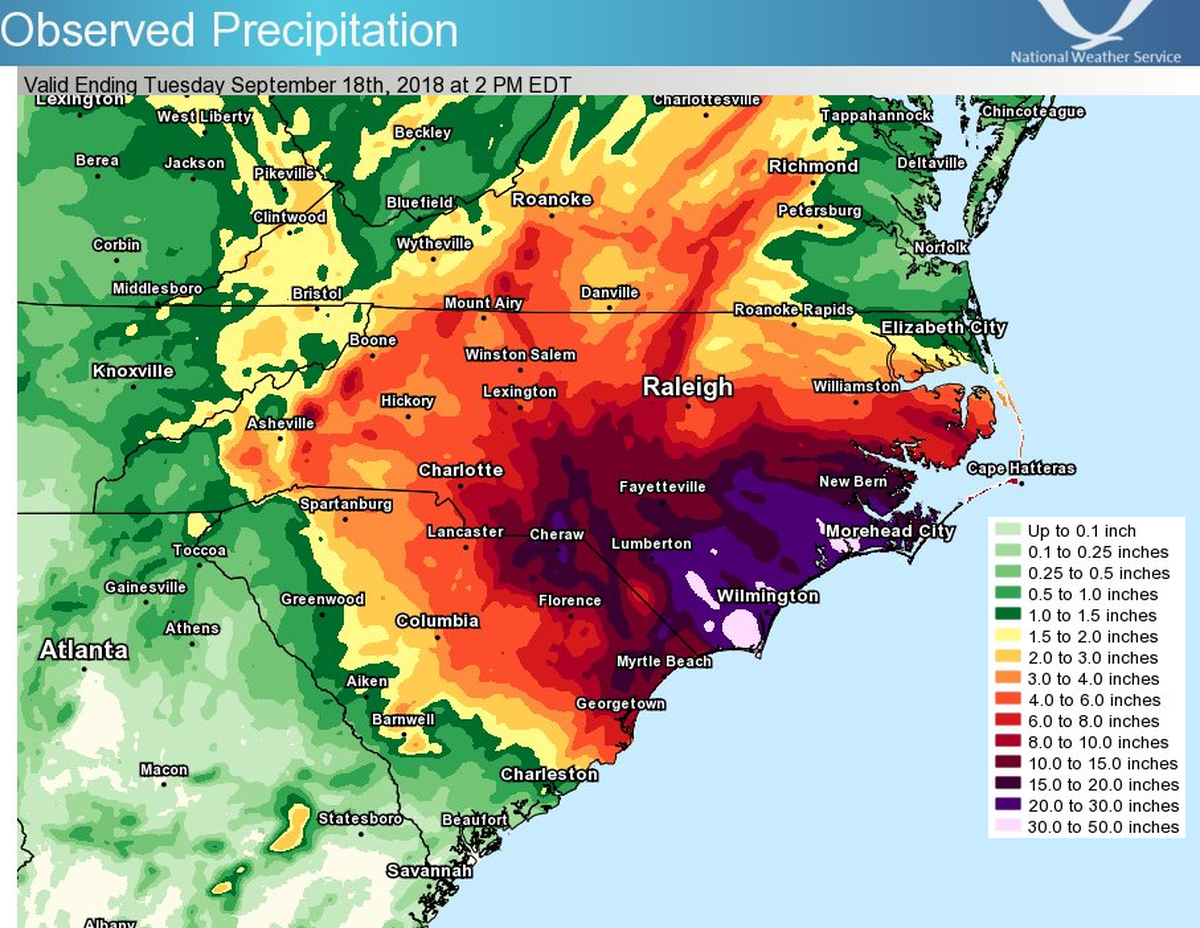 Hurricane Florence brought record levels of rainfall to some parts of North Carolina, causing catastrophic flooding. Elizabethtown got nearly 36 inches of rain from Florence, and just over 30 inches fell in Wilmington.