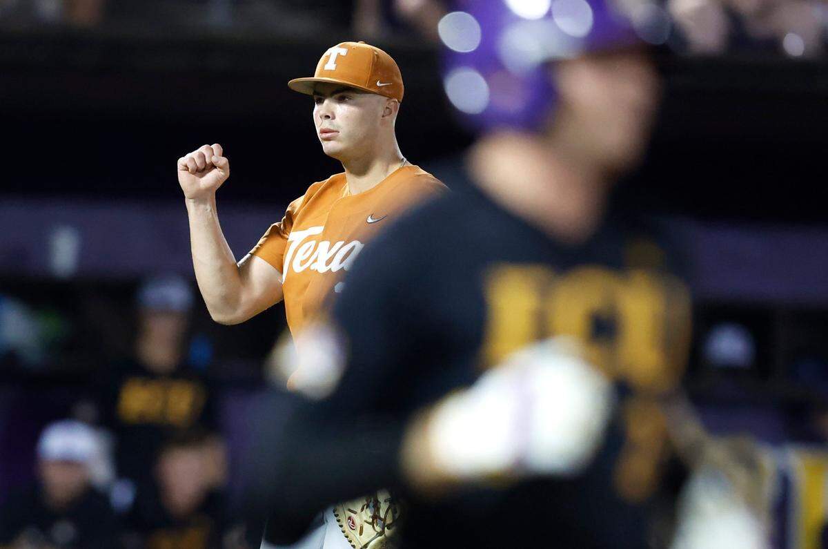 Texas Tristan Stevens (35) celebrates after East Carolina’s Ben Newton grounded out to end the third inning during ECUs game against Texas in the Greenville Super Regional at Clark-LeClair Stadium Sunday, June 12, 2022.