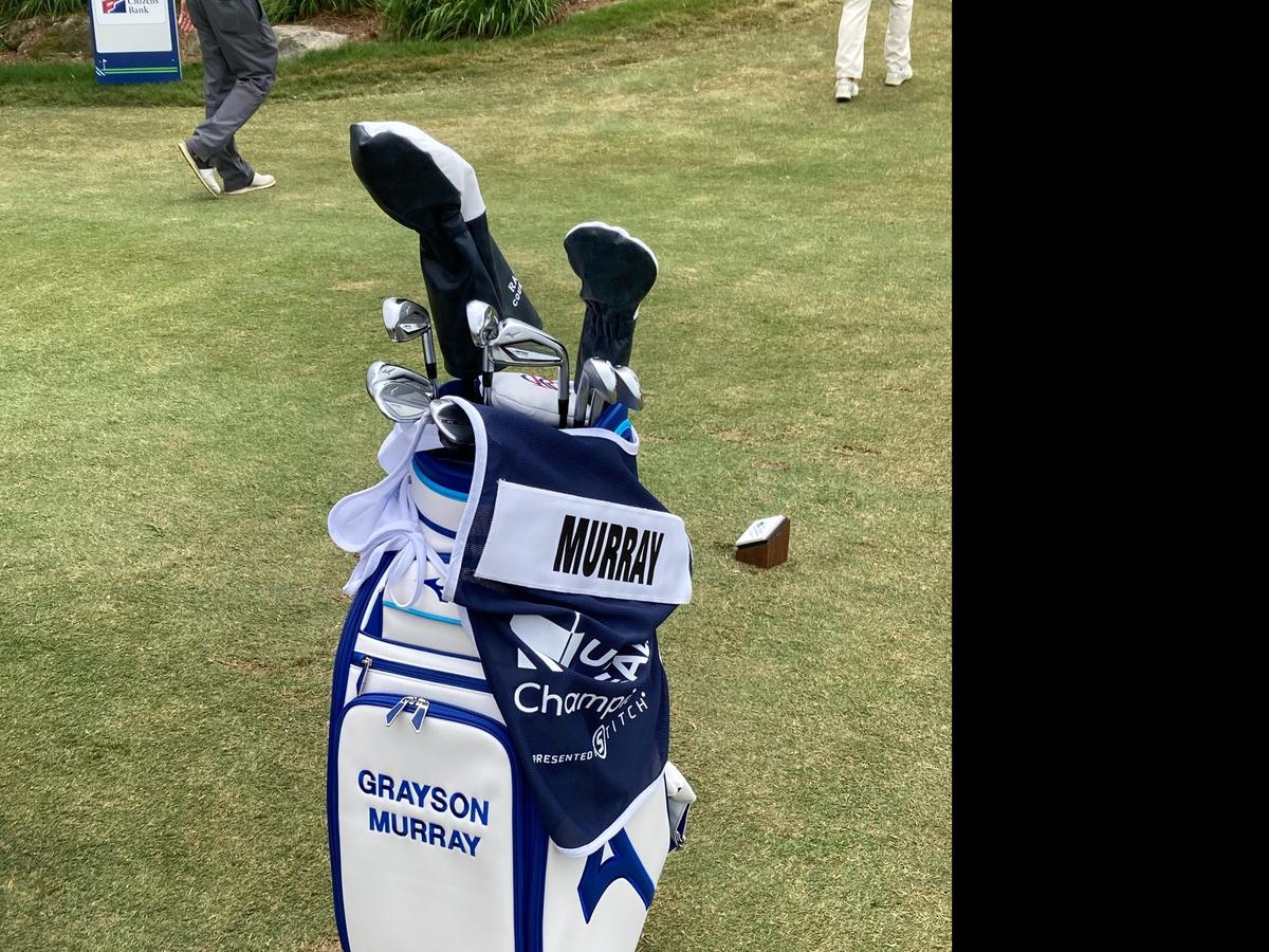 The golf bag of the late Grayson Murray sits on the first tee at Raleigh Country Club on June 2, 2024 during a remembrance for the Raleigh native and PGA Tour golfer.