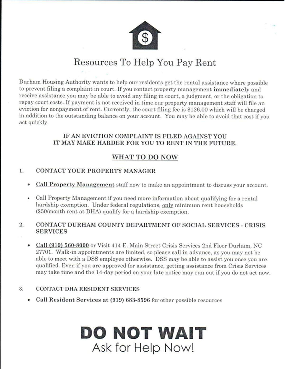 DHA added new information to the back side of its 14-day eviction filing notice in 2019, offering resources for residents like hardship exemptions and crisis services.