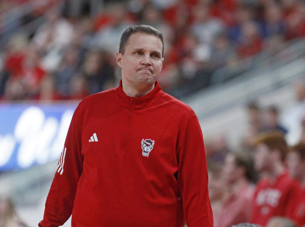 N.C. State head coach Will Wade reacts during the second half of the Wolfpack’s 76-61 loss to Virginia on Saturday, Jan. 3, 2026, at Lenovo Center in Raleigh, N.C.