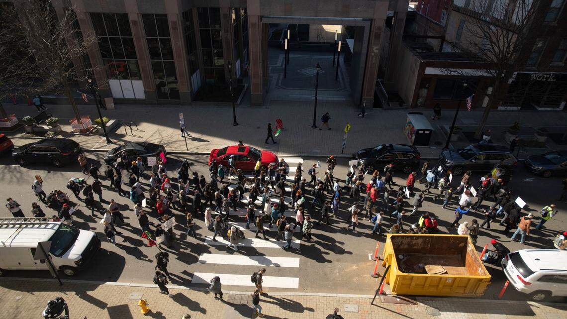 Protesters calling for reforms in policing march north on Fayetteville Street in downtown Raleigh, N.C., Saturday afternoon, Jan. 28, 2023.