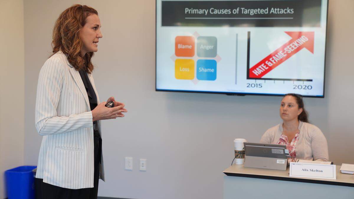 Nicole Jones, a psychologist in the North Carolina State Bureau of Investigation's Behavioral Threat Assessment Unit, leads a training.
