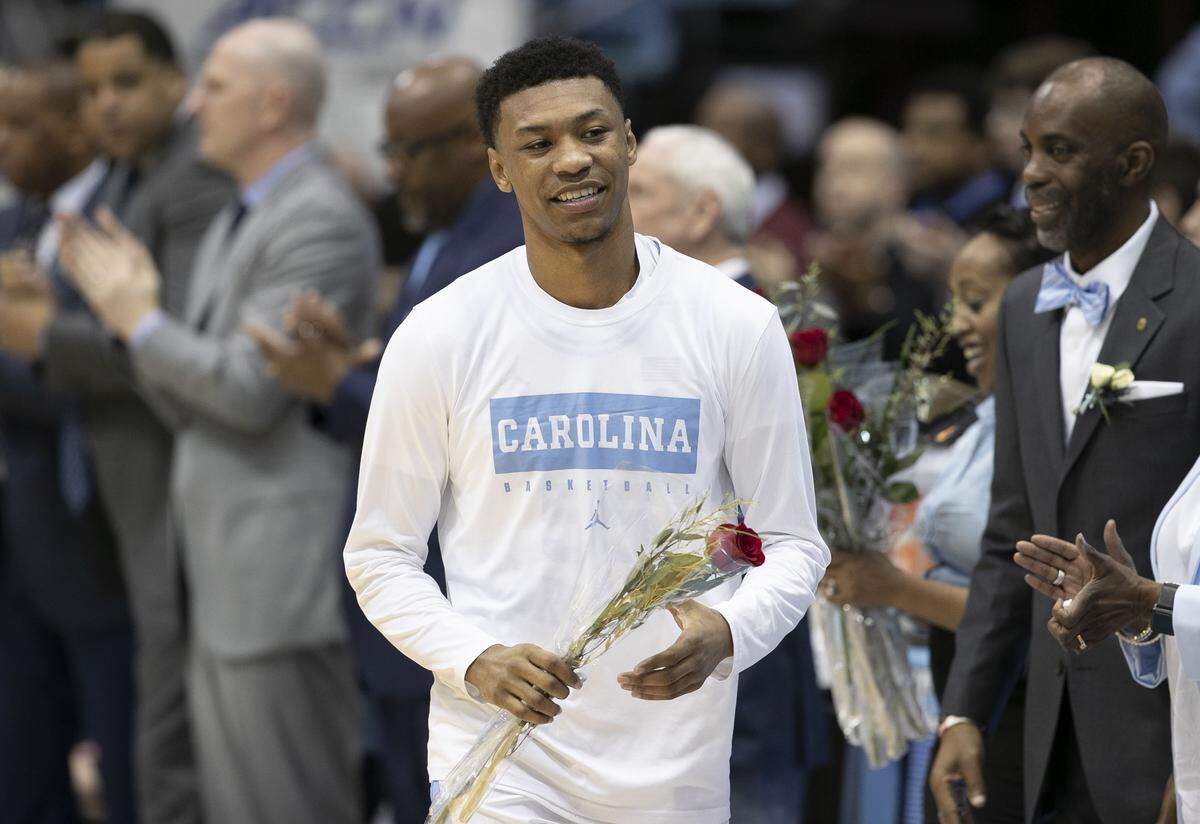 North Carolina’s Christian Keeling (55) is recognized prior his final game in the Smith Center on ‘Senior Night’ on Tuesday, March 3, 2020 in Chapel Hill, N.C.