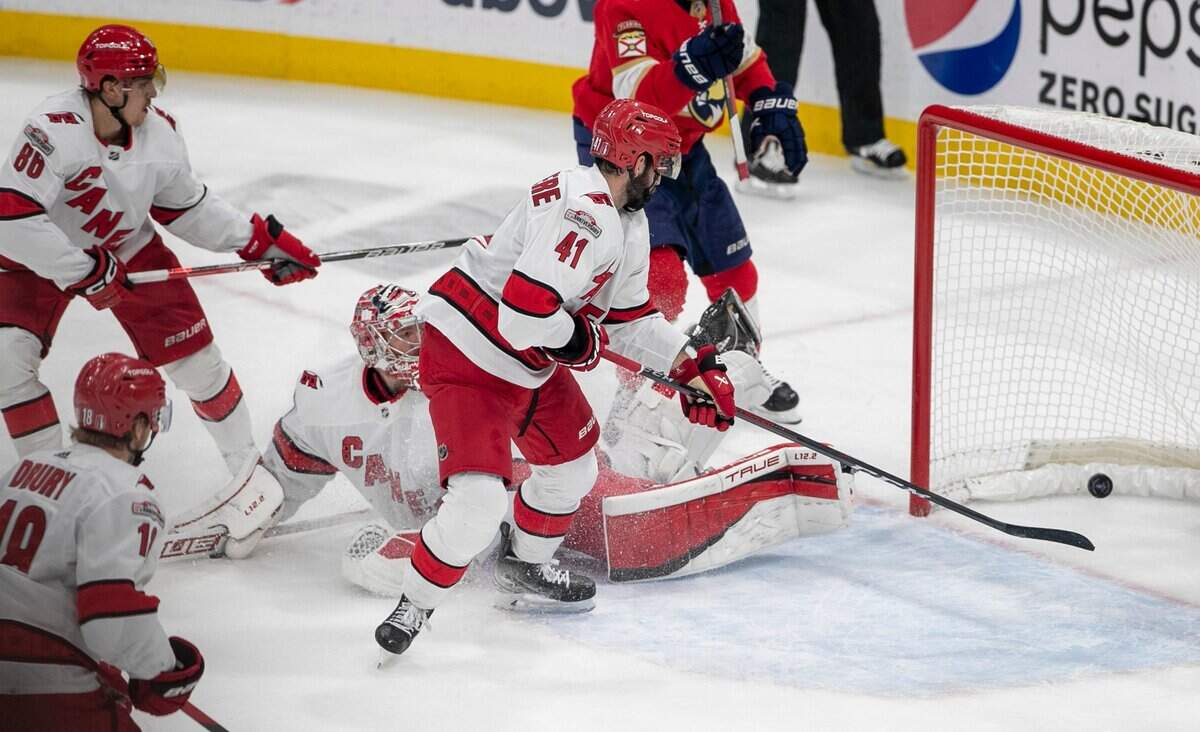 Carolina Hurricanes goalie Frederik Andersen (31) lets the puck get past him on a shot by the Florida Panthers Ryan Lomberg (94) in the second period to take a 3-2 lead during Game 4 of the Eastern Conference Finals on Wednesday, May 24, 2023 at FLA Live Arena in Sunrise, Fla.