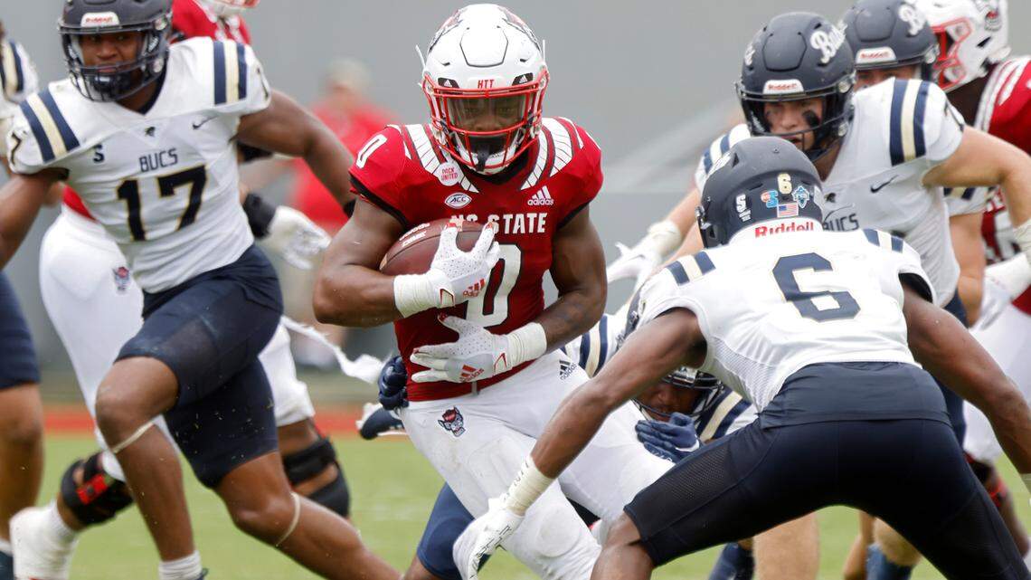 N.C. State running back Demie Sumo-Karngbaye runs the ball during the first half of the Wolfpack’s game against Charleston Southern on Saturday, Sept. 10, 2022, at Carter-Finley Stadium in Raleigh, N.C.