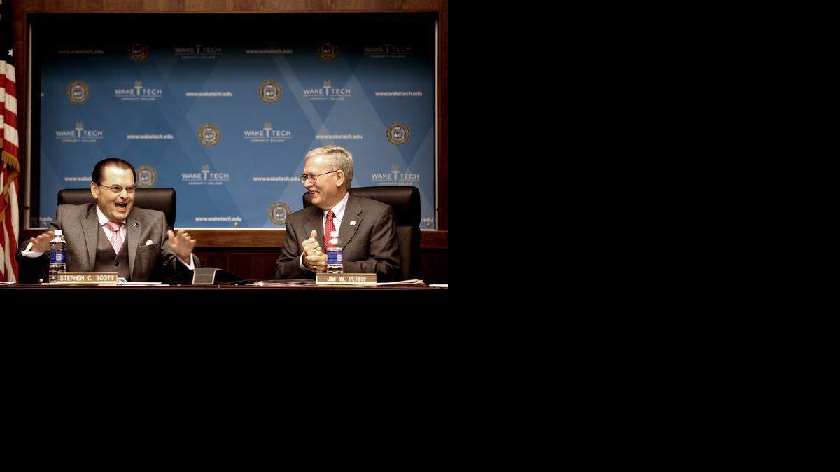 Jim Perry, chairman of Wake Tech’s trustees, right,  defends the salary of the college’s president, Stephen Scott. “The $352,000 is, in my opinion, right in the window of where it ought to be,” Perry says.
