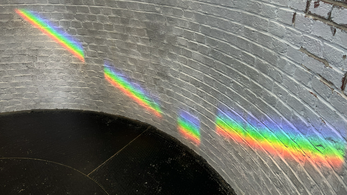 When light enters the Bodie Island Lighthouse at the right angle, the 344 prisms of the Fresnel lens “create some truly striking and vibrant rainbows,” the National Park Service reports.