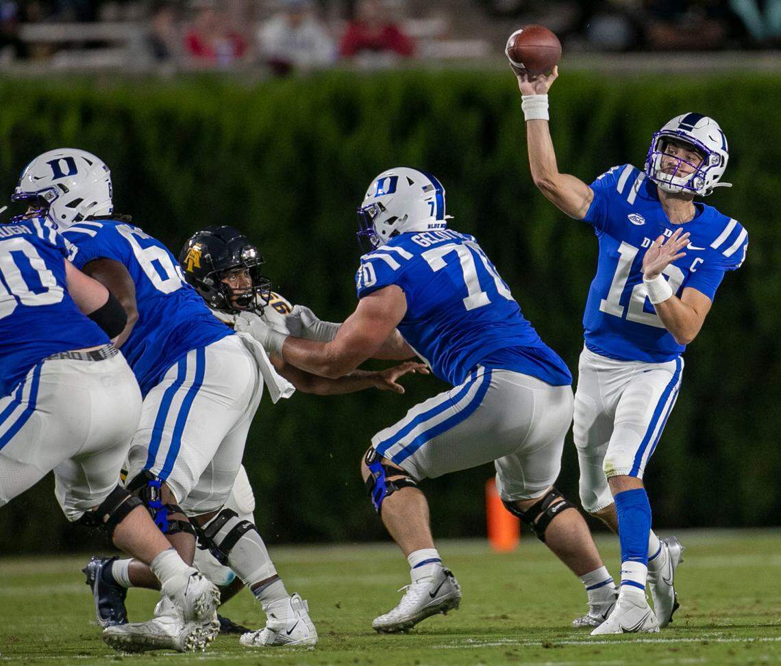 Duke quarterback Gunnar Holmberg (12) gets protection from his line as he looks for an open receiver in the second quarter against North Carolina A&T on Friday, September 10, 2021 at Wallace Wade Stadium in Durham, N.C. Holmberg threw for 270 yards in the Blue Devils’ 45-17 victory.
