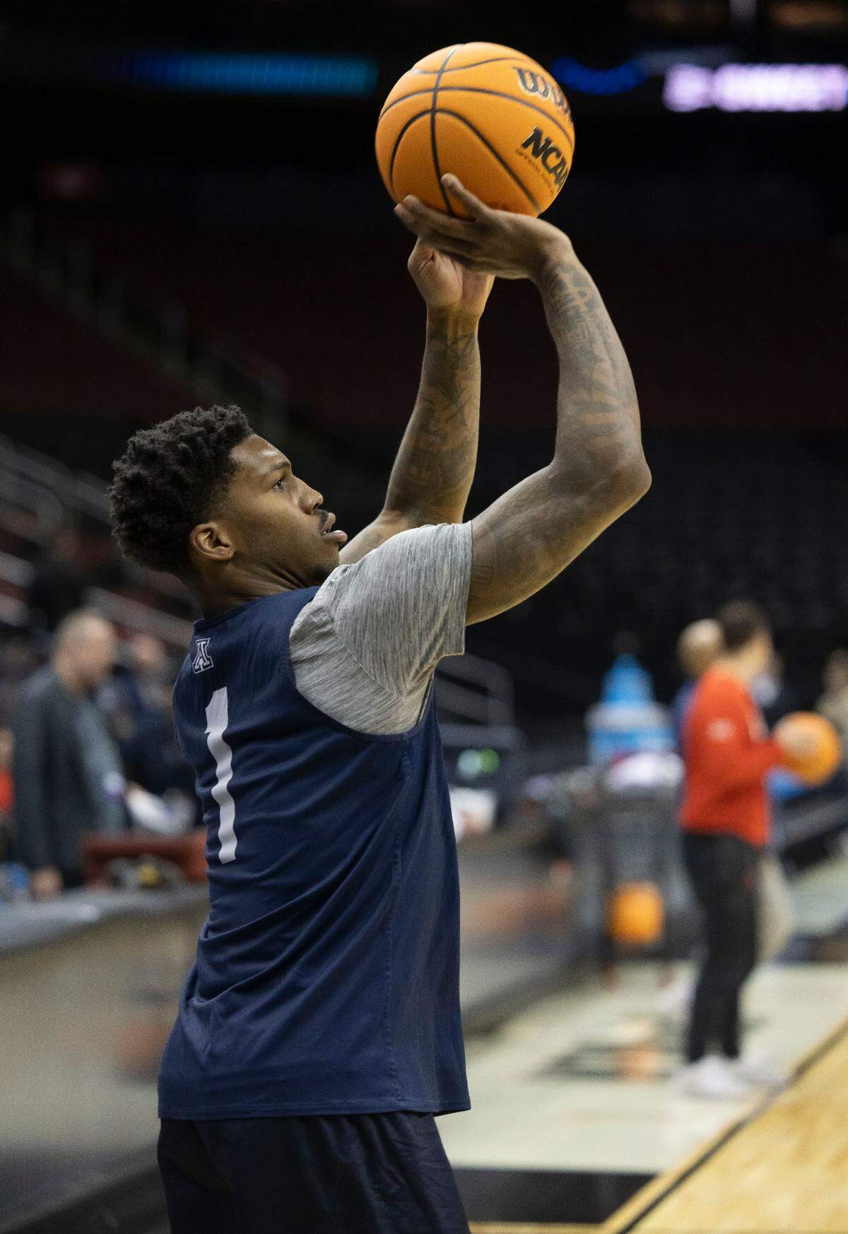 Arizona guard Caleb Love (1) works on his three-point shot during the Wildcats open practice as they prepare for their NCAA Sweet 16 game against Duke on Wednesday March 26, 2025 at Prudential Center in Newark, New Jersey.